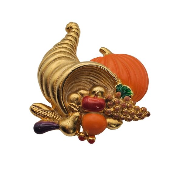 VTG Brooch Danecraft Cornucopia GoldTone Orange Pumpkin Fall Harvest Festive Pin - Picture 1 of 14